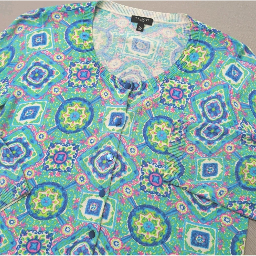 Talbots Cardigan Colorful Blue Green Pink Geometric Medallion Print 3/4 Sz L Pet